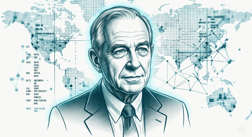 Portrait illustration of Richards J. Heuer Jr. with data visualisation and world map overlay